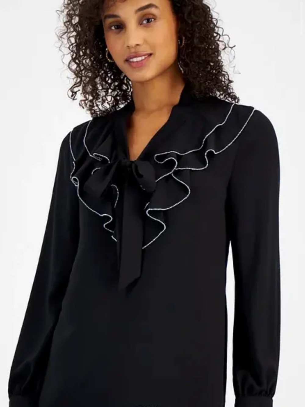 Kasper Black Ruffle Tie-Neck Blouse with Contrast Trim